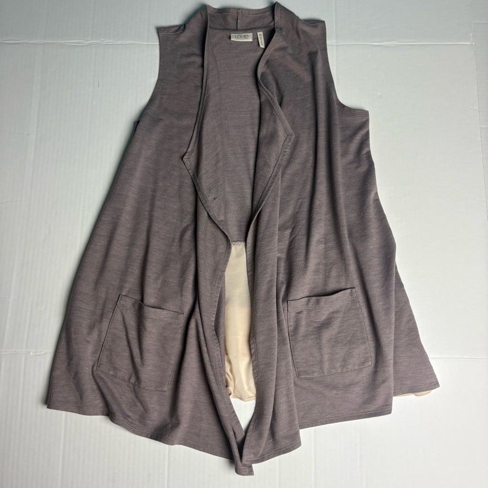 LOGO Lori Goldstein Women's XS Shirt Vest Purple Gray Cream Ruffle Sleeveless